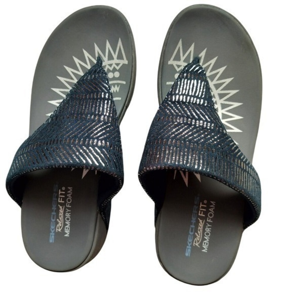 Skechers‎ Women's Relaxed Fit Memory Foam Navy Blue Gray Sandals Size 8